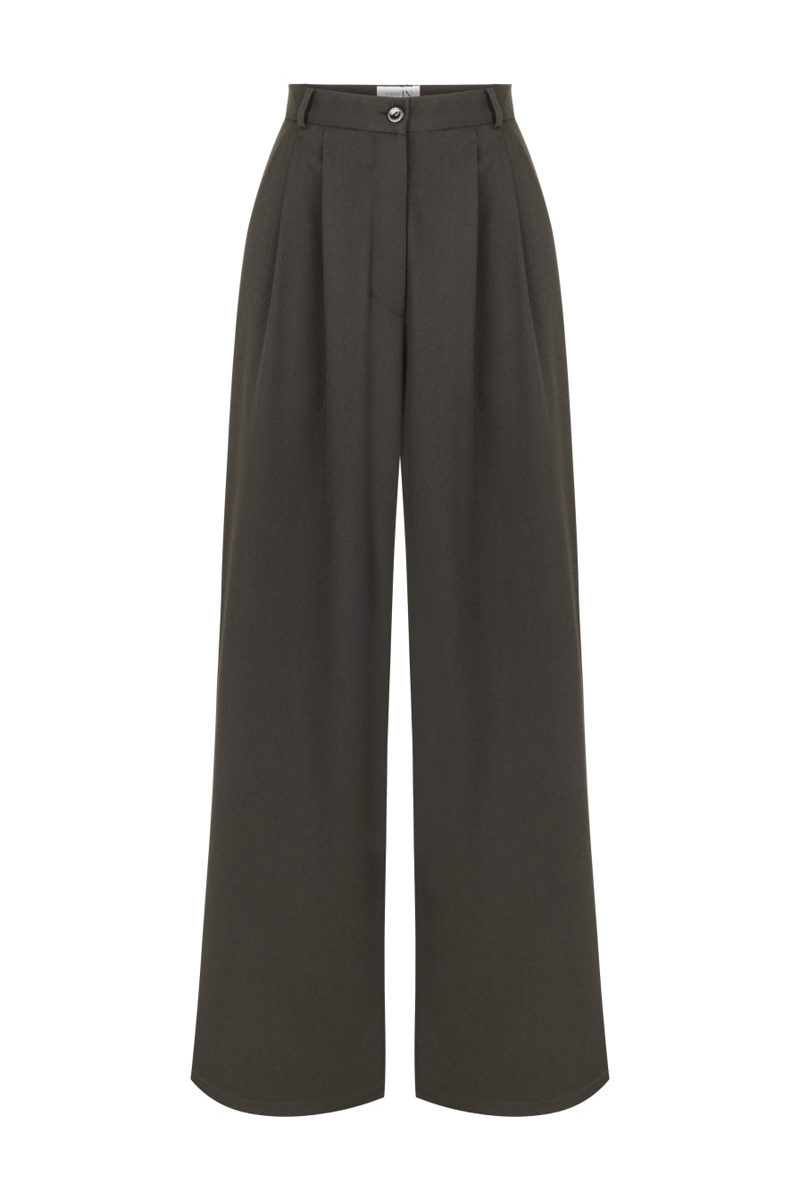 Kahverengi Pileli Geniş Paça Pantolon