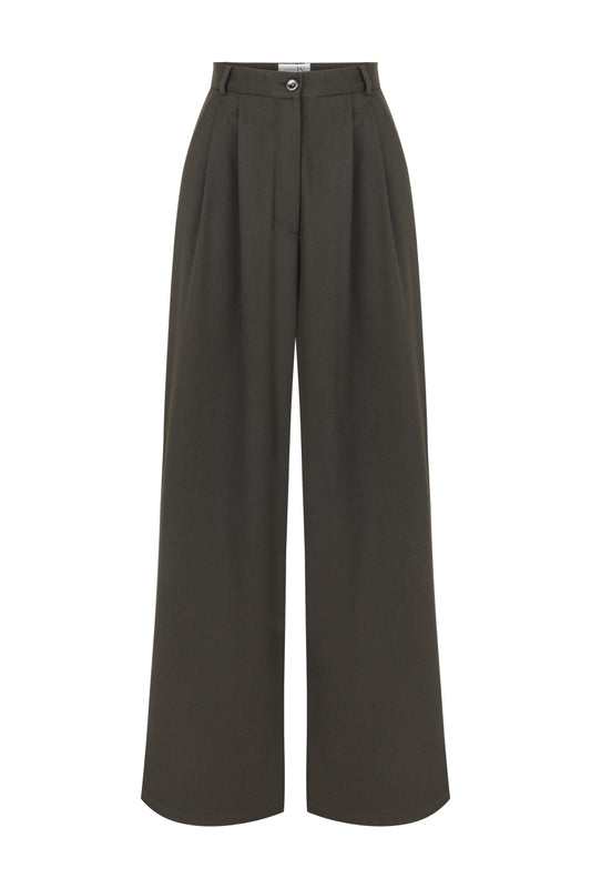 Kahverengi Pileli Geniş Paça Pantolon