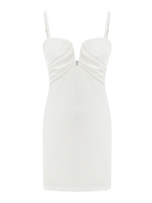İp Askılı Göğüsü Drapeli Beyaz Mini Elbise