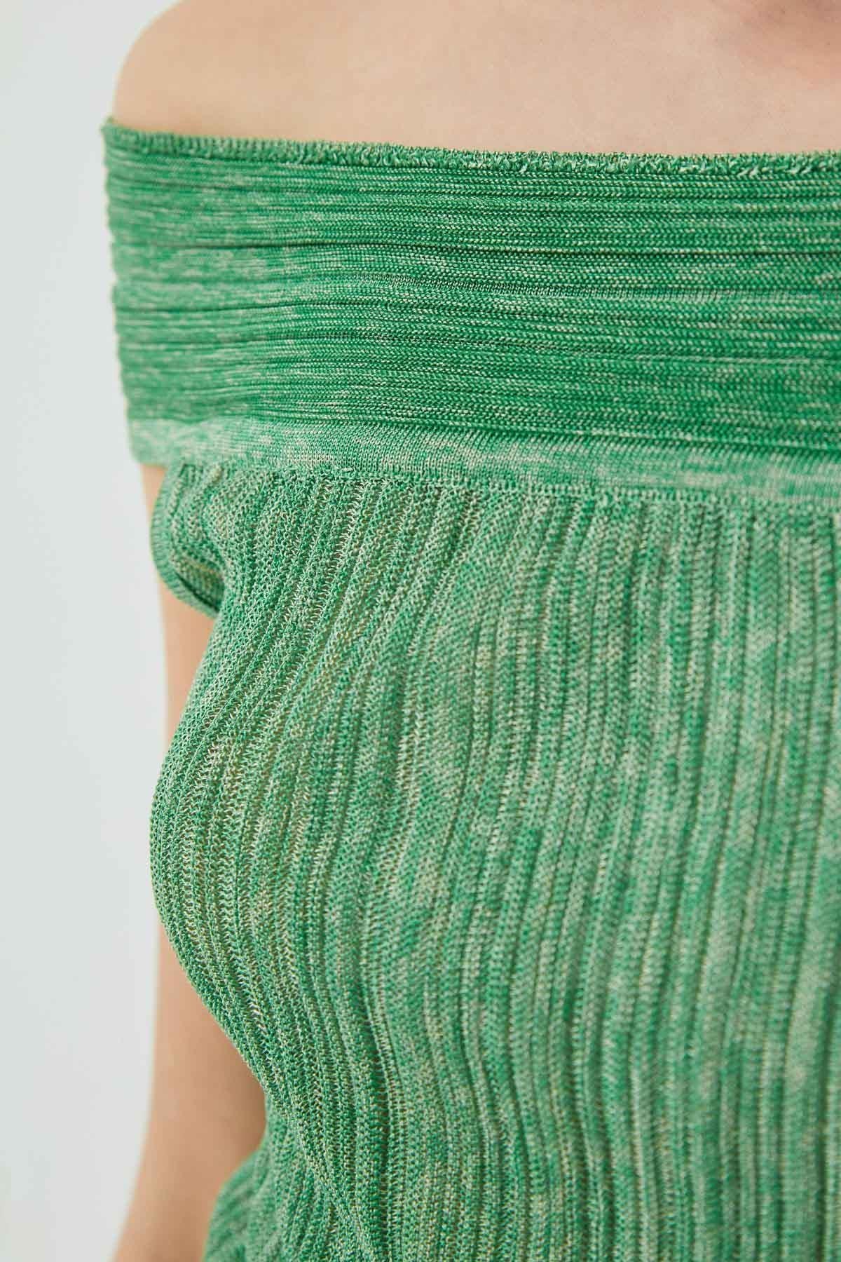 Kayık Yaka Simli Yeşil Midi Elbise