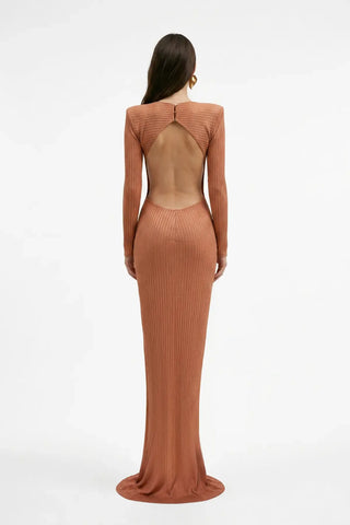 KİREMİT RENGİ CUT-OUT DETAYLI MAXİ ELBİSE