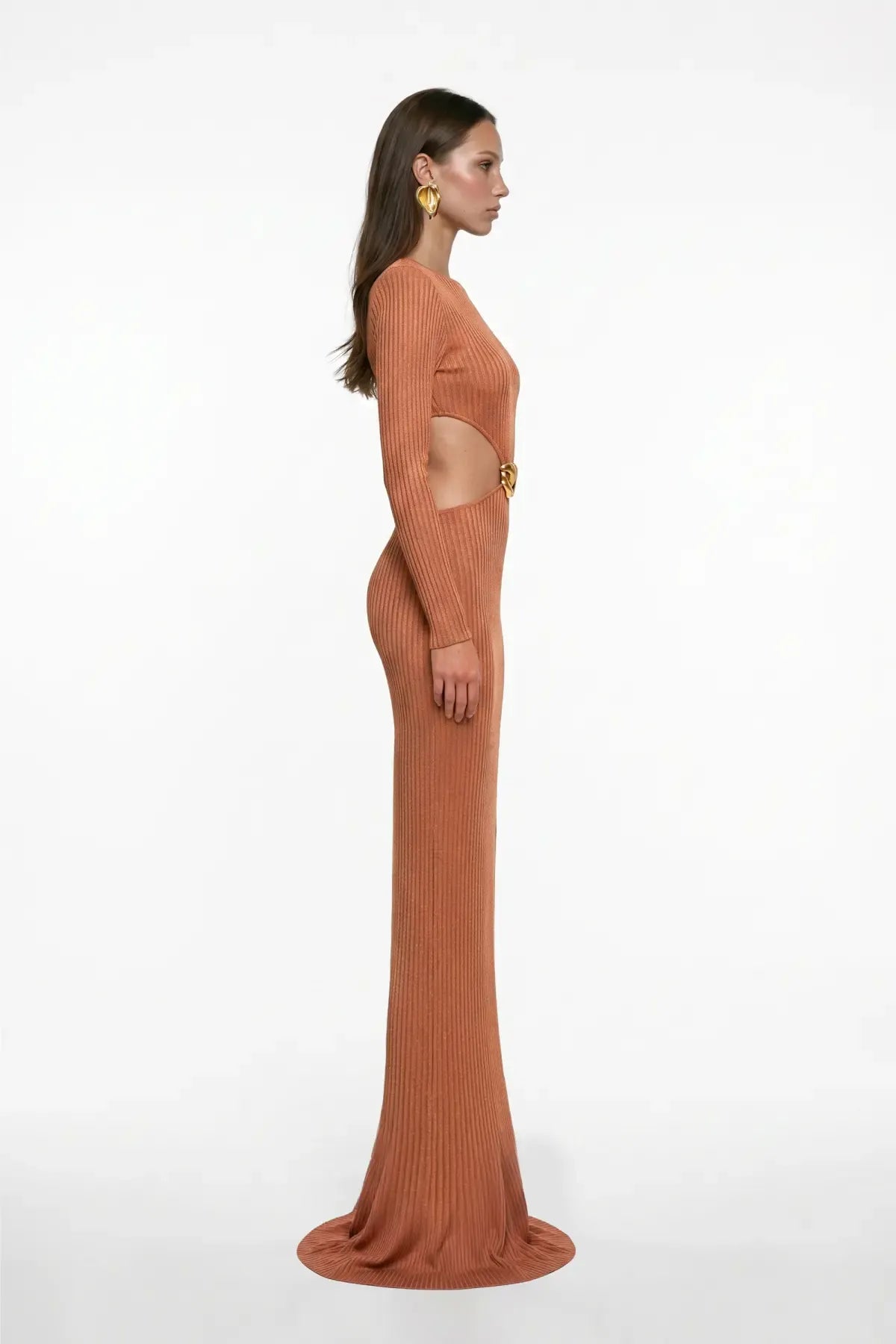 KİREMİT RENGİ CUT-OUT DETAYLI MAXİ ELBİSE