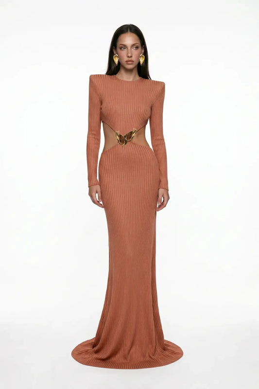 KİREMİT RENGİ CUT-OUT DETAYLI MAXİ ELBİSE