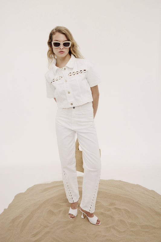 Örgü Detaylı Beyaz Denim Pantolon