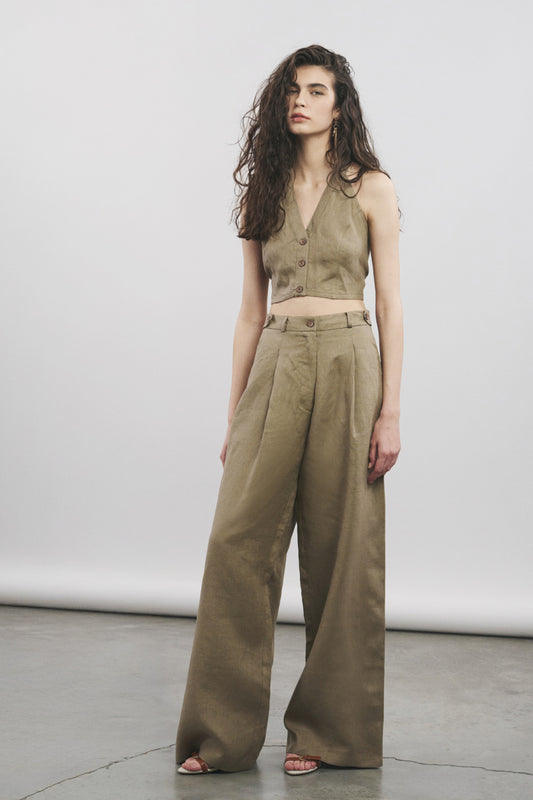 Keten Bol Paça Bej Pantolon