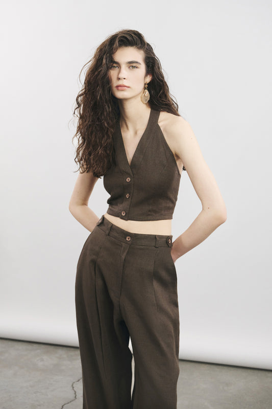 %100 Keten Kahverengi Yelek