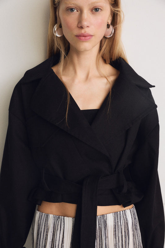 Pamuk Siyah Kısa Trençkot