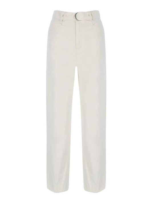 Yüksek Bel Paça Detaylı Beyaz Denim Pantolon