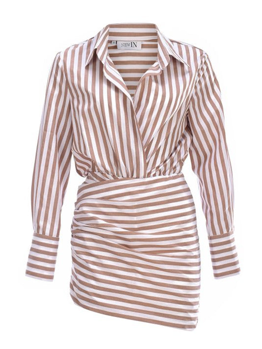 Gömlek Formlu Kahverengi Çizgili Mini Elbise