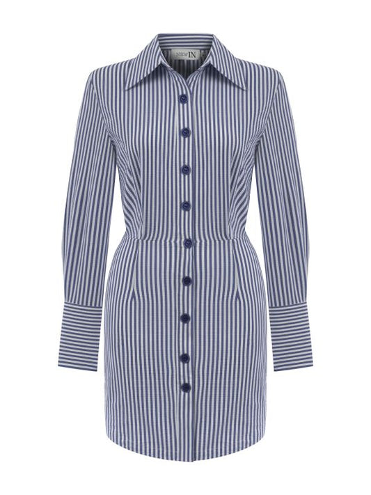 Mavi Çizgili Önden Düğmeli Gömlek Elbise