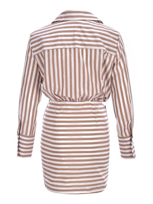 Gömlek Formlu Kahverengi Çizgili Mini Elbise